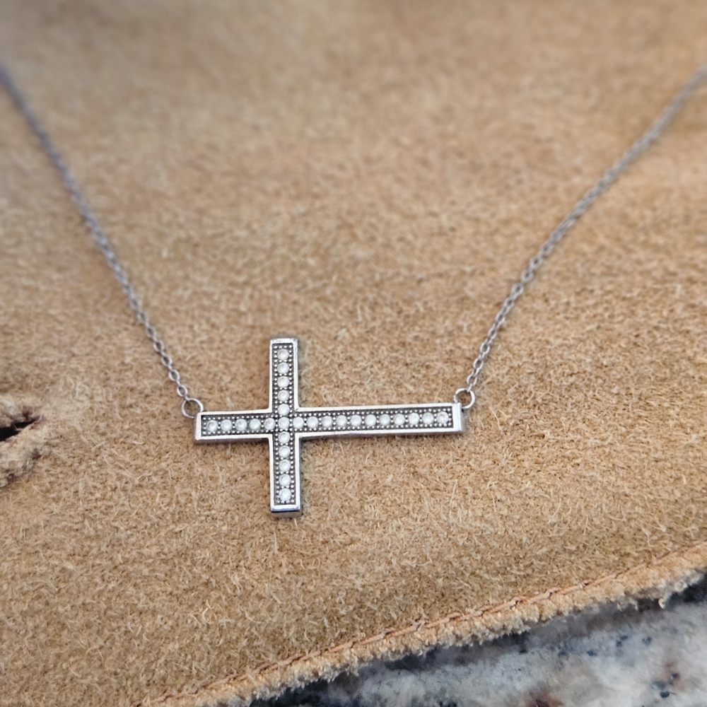 Elegant Sterling Silver Diamond Cross Necklace Sideways Style